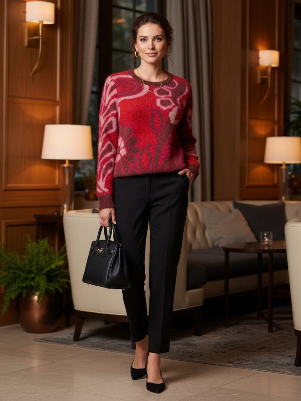 T Tahari Red Jacquard Sweater M Bateau Neck Textured Knit Repaired